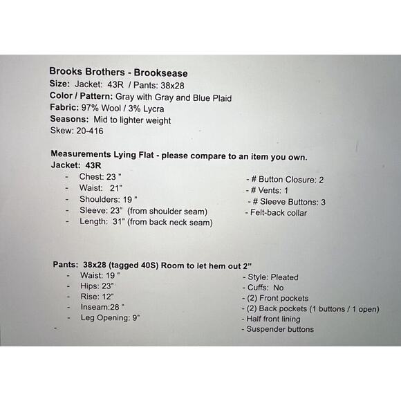 Brooks Brothers Brooksease 43R 38x28+ Gray Blue Plaid 2 Piece Suit Jacket Pants - Picture 9 of 16